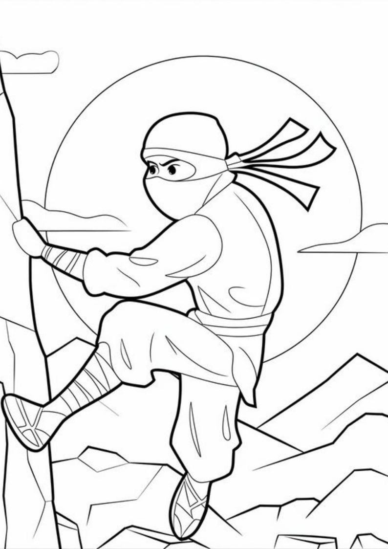 May include: Black and white illustration of a ninja climbing a rock face. The ninja is wearing a mask, head covering, and traditional ninja attire. A large circle, representing the sun or moon, is in the background, with mountains and clouds in the distance.