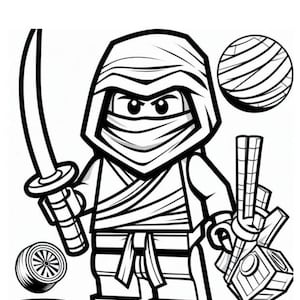 May include: Black and white illustration of a ninja character holding a sword and other weapons. The ninja is wearing a mask and a hood. A round object and a wheel are also in the image.