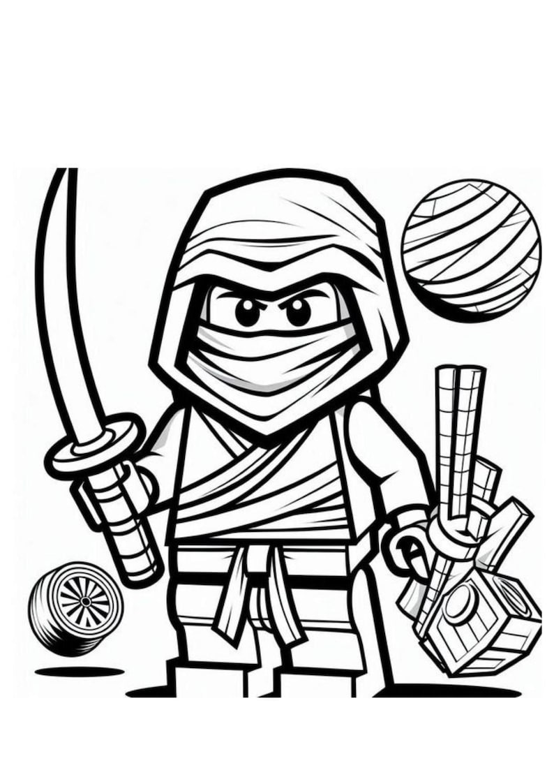 May include: Black and white illustration of a ninja character holding a sword and other weapons. The ninja is wearing a mask and a hood. A round object and a wheel are also in the image.