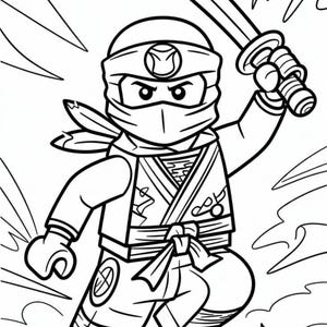 May include: Black and white line art of a ninja character in a dynamic pose, holding a sword. The ninja is wearing a mask, headband, and traditional ninja attire. The image has a cartoon style with action lines.