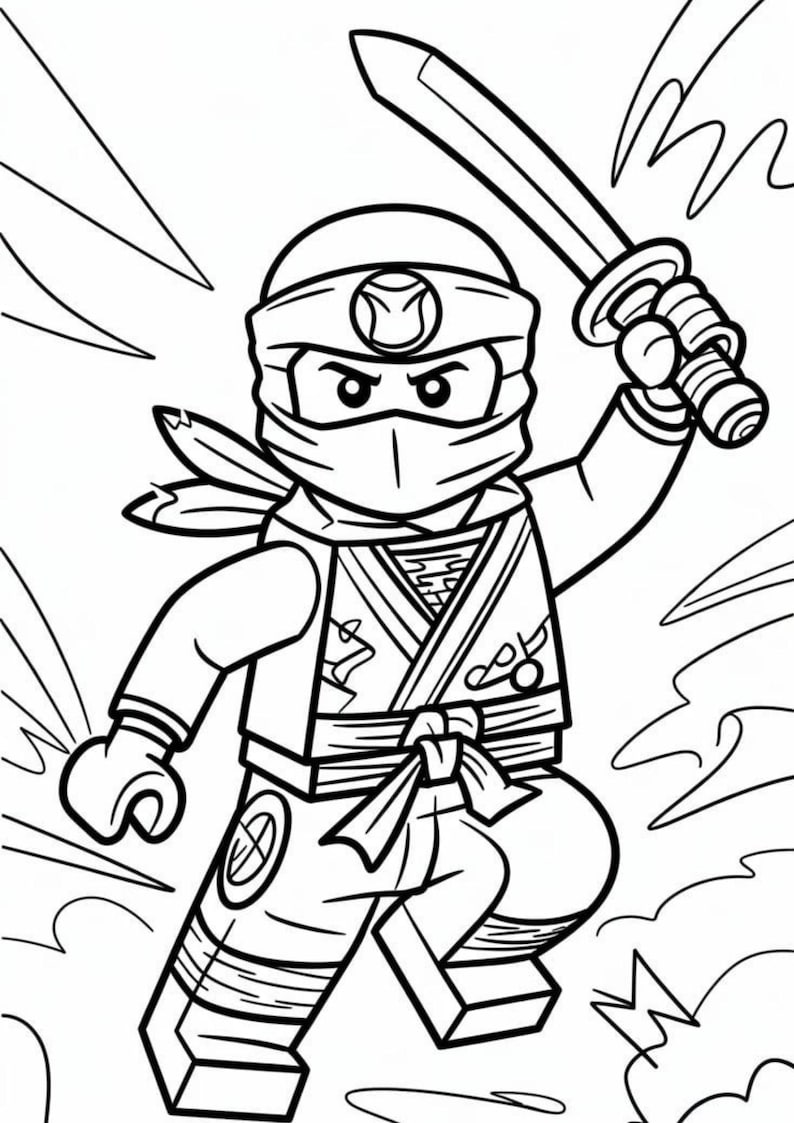 May include: Black and white line art of a ninja character in a dynamic pose, holding a sword. The ninja is wearing a mask, headband, and traditional ninja attire. The image has a cartoon style with action lines.