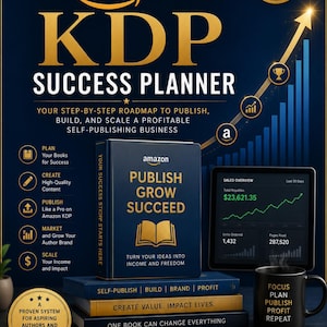 May include: A dark blue Amazon KDP Success Planner book with gold text reading Publish Grow Succeed. The cover features a crown icon, a stack of books, a tablet showing sales data, a black mug with text, and a gold pen on a dark background.