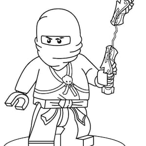 May include: Black and white line art illustration of a Lego Ninjago character. The figure wears a ninja hood and outfit, holding a weapon with a dragon-like design. The character is standing on a circular base.
