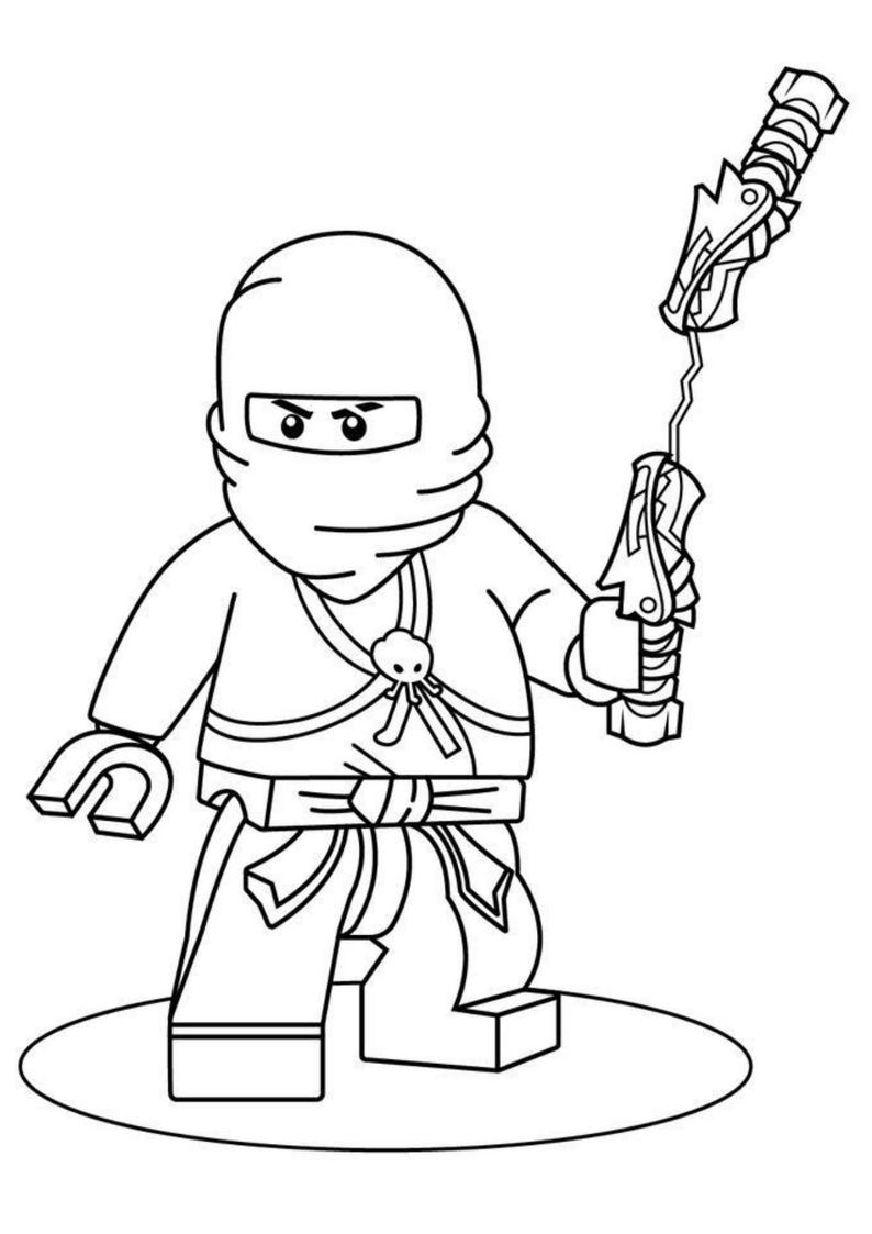 May include: Black and white line art illustration of a Lego Ninjago character. The figure wears a ninja hood and outfit, holding a weapon with a dragon-like design. The character is standing on a circular base.
