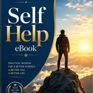 May include: A book cover titled Self Help eBook with the text Unlock Your Potential Transform Your Life and Practical Wisdom For A Better Mindset, A Better You, A Better Life. It features a person standing on a mountain peak at sunrise.