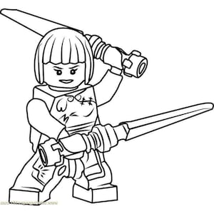 May include: Black and white line art of a Lego minifigure wielding two futuristic swords. The figure has a determined expression and is ready for action. The image is a coloring page.