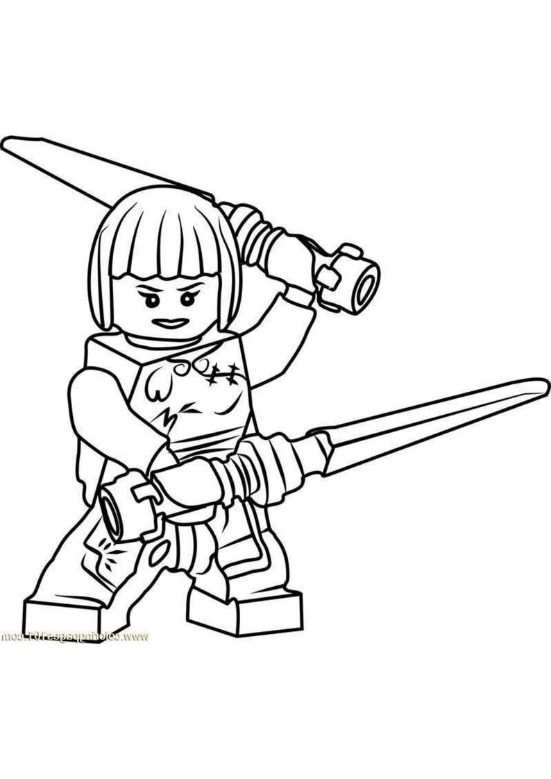 May include: Black and white line art of a Lego minifigure wielding two futuristic swords. The figure has a determined expression and is ready for action. The image is a coloring page.
