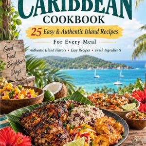 Può includere: Il libro di cucina The Complete Caribbean Cookbook con 25 Easy & Authentic Island Recipes For Every Meal. La copertina mostra un piatto di pollo grigliato, riso con fagioli e platani fritti, con uno sfondo di oceano tropicale.