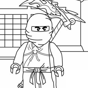May include: Black and white line art illustration of a Lego Ninjago character. The figure is wearing a mask and ninja attire, holding a weapon with a flame design. The background includes a building and a window.