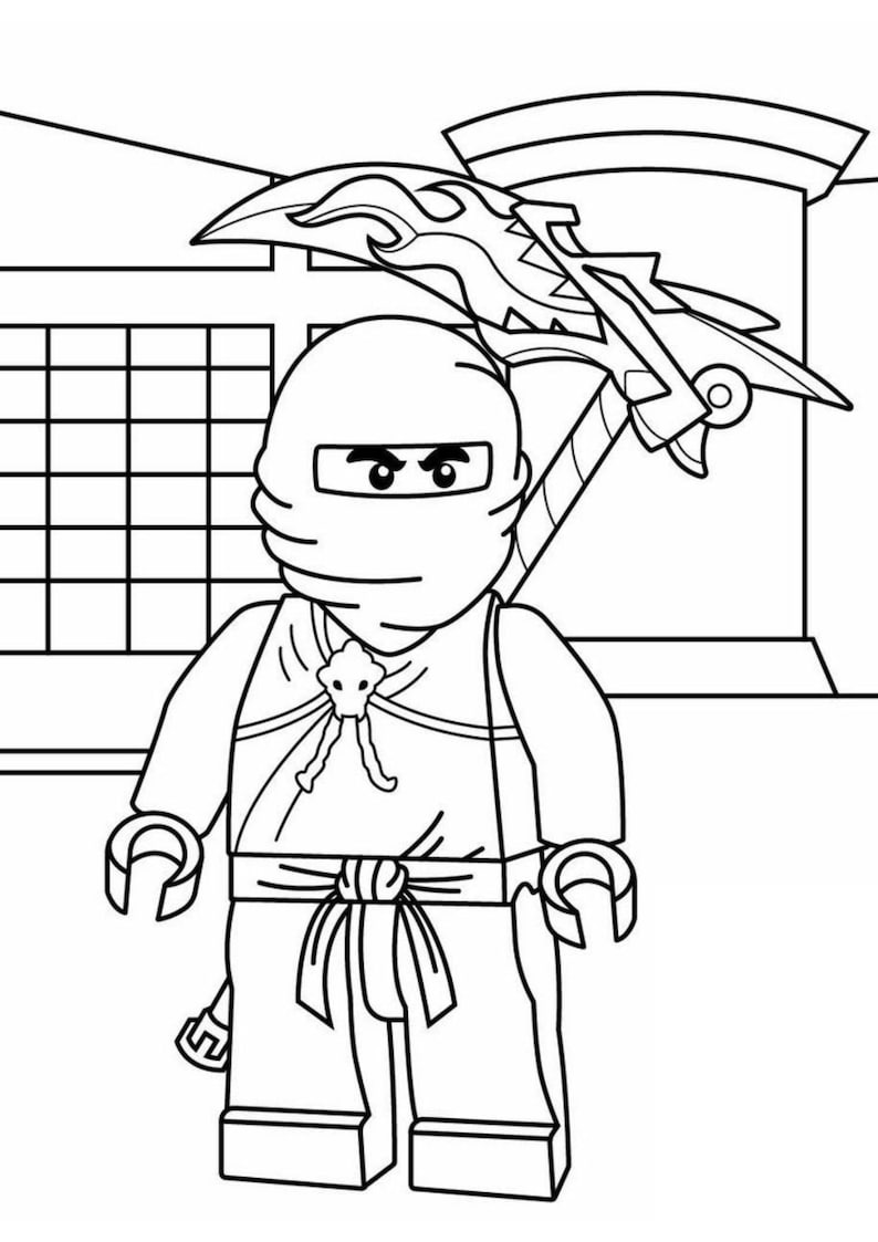 May include: Black and white line art illustration of a Lego Ninjago character. The figure is wearing a mask and ninja attire, holding a weapon with a flame design. The background includes a building and a window.
