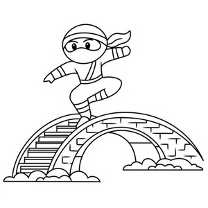 May include: A black and white cartoon illustration of a ninja in a traditional outfit, balancing on a stone bridge. The ninja is wearing a mask and headband, with arms outstretched. The bridge has a curved arch and is detailed with stone blocks.