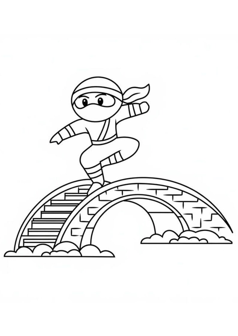 May include: A black and white cartoon illustration of a ninja in a traditional outfit, balancing on a stone bridge. The ninja is wearing a mask and headband, with arms outstretched. The bridge has a curved arch and is detailed with stone blocks.