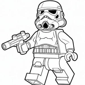 May include: Black and white illustration of a Stormtrooper Lego figure. The figure is holding a blaster gun and is wearing a helmet and armor. The figure is in a walking pose.