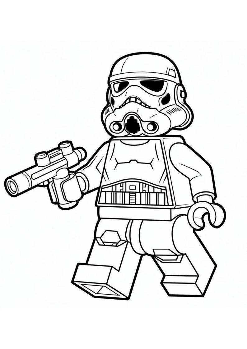 May include: Black and white illustration of a Stormtrooper Lego figure. The figure is holding a blaster gun and is wearing a helmet and armor. The figure is in a walking pose.