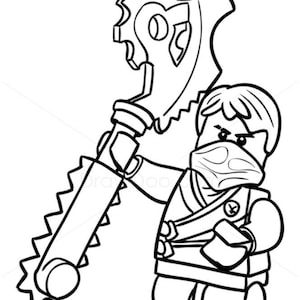 May include: Line art illustration of a Lego Ninjago character holding a large weapon. The character is wearing a mask and ninja attire. The weapon has a saw-like edge and a circular design.