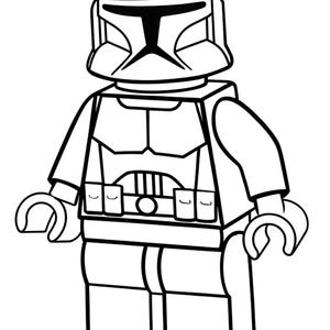 May include: Black and white illustration of a Lego Star Wars Clone Trooper. The figure has a helmet, armor, and a blaster. The design is simple and blocky, typical of Lego figures.