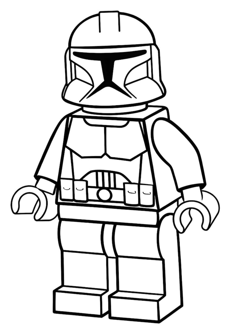 May include: Black and white illustration of a Lego Star Wars Clone Trooper. The figure has a helmet, armor, and a blaster. The design is simple and blocky, typical of Lego figures.