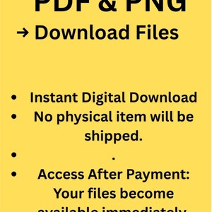 May include: Yellow background with black text. The text includes "A4 Size", "PDF & PNG", and "Download Files". It also states "Instant Digital Download" and "No physical item will be shipped."