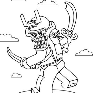 May include: Black and white illustration of a Lego samurai warrior figure. The figure is in a dynamic pose, holding two curved swords. The samurai is wearing a helmet and armor. The background includes simple cloud outlines.