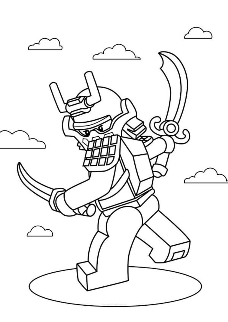 May include: Black and white illustration of a Lego samurai warrior figure. The figure is in a dynamic pose, holding two curved swords. The samurai is wearing a helmet and armor. The background includes simple cloud outlines.