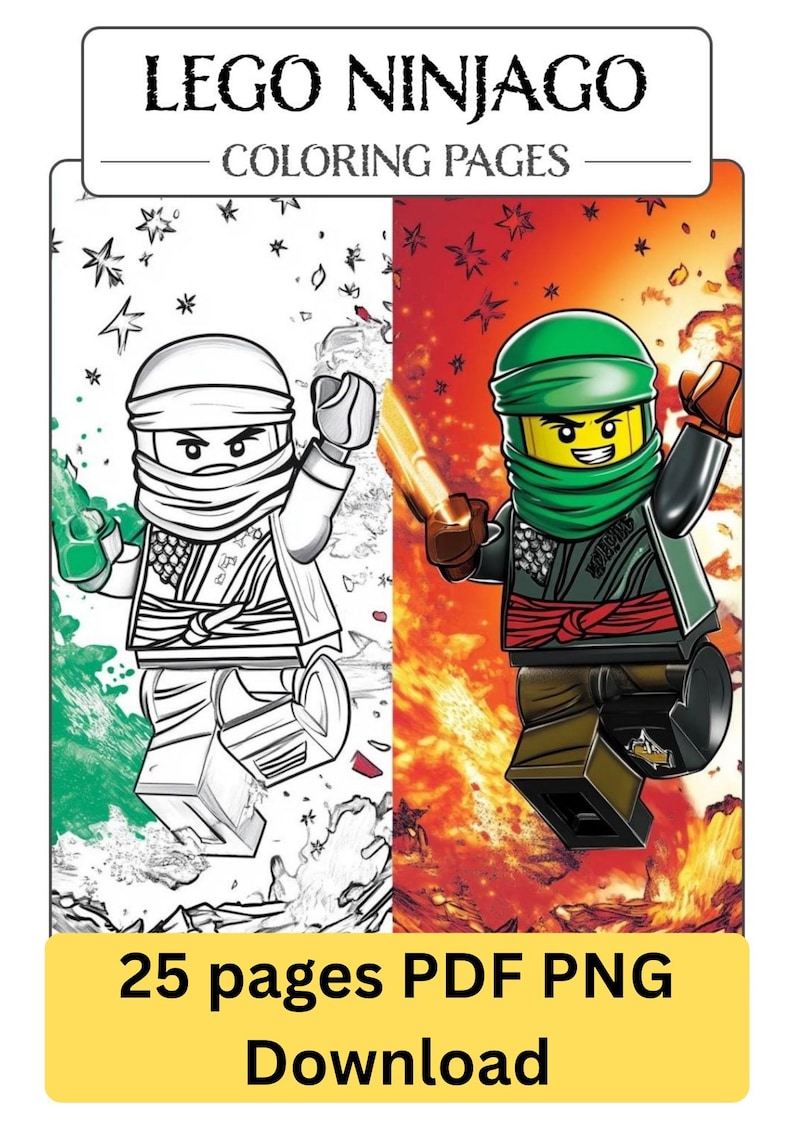 May include: A LEGO Ninjago coloring book cover featuring two ninja characters. One is a black and white outline, the other is colored with a green head wrap and a red sash. The text "LEGO NINJAGO COLORING PAGES" is at the top.