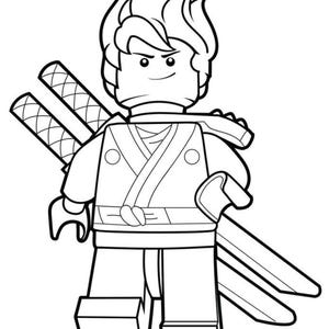 May include: Black and white line art of a Lego Ninjago character. The figure has spiky hair, a ninja outfit, and carries two swords on its back. The character is in a standing pose.