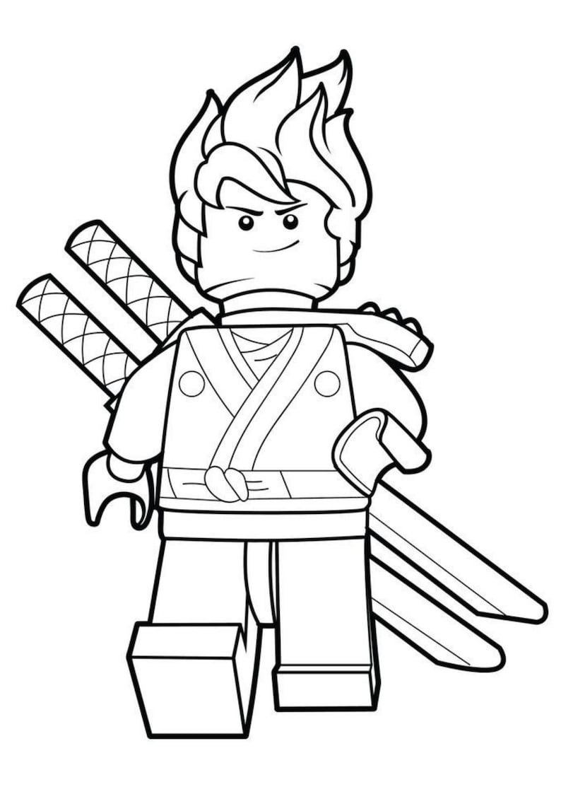 May include: Black and white line art of a Lego Ninjago character. The figure has spiky hair, a ninja outfit, and carries two swords on its back. The character is in a standing pose.