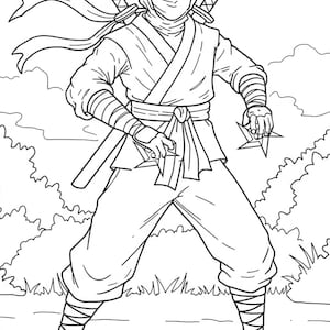 May include: Line art illustration of a ninja in a fighting stance, wearing a hood, face covering, and traditional ninja attire. The ninja is holding throwing stars and has two swords on their back. The background features stylized foliage.