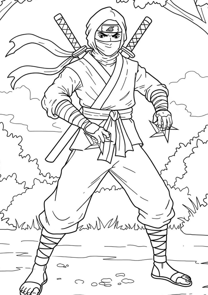 May include: Line art illustration of a ninja in a fighting stance, wearing a hood, face covering, and traditional ninja attire. The ninja is holding throwing stars and has two swords on their back. The background features stylized foliage.