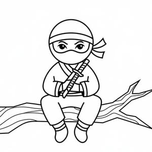 May include: Black and white illustration of a cartoon ninja sitting on a tree branch. The ninja wears a mask, headband, and uniform, holding a sword. The image is a simple, line-art style.