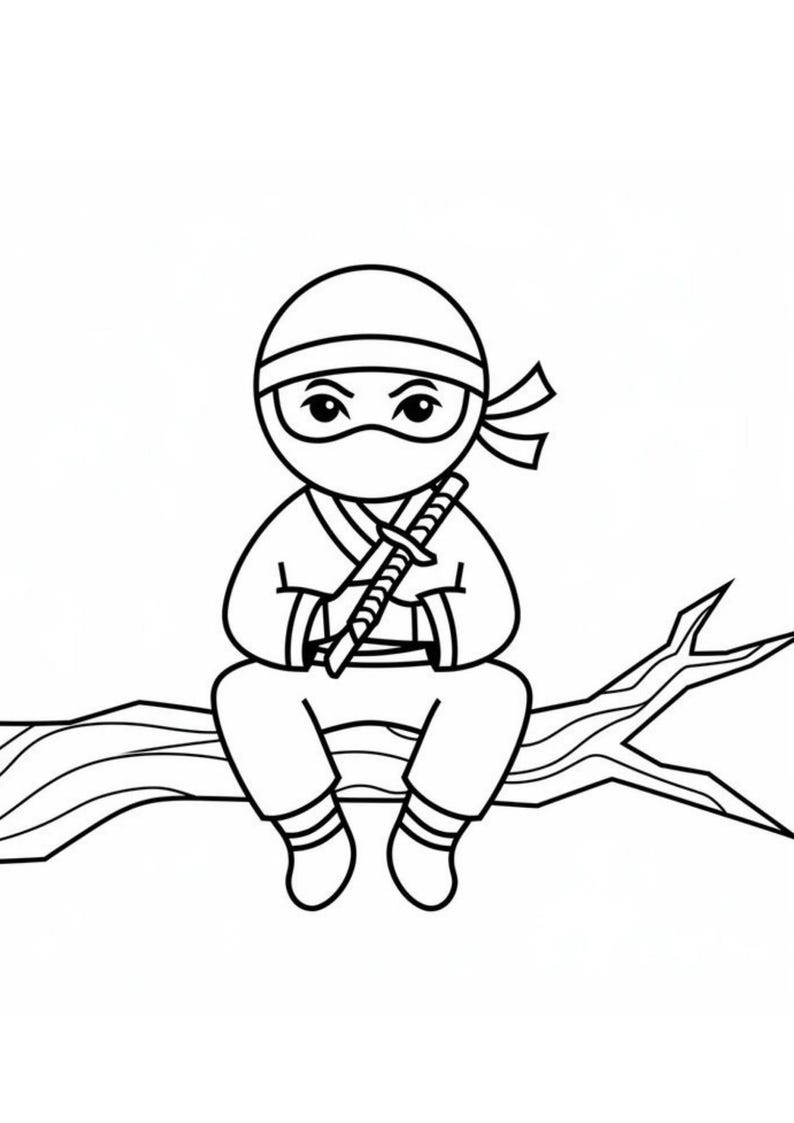 May include: Black and white illustration of a cartoon ninja sitting on a tree branch. The ninja wears a mask, headband, and uniform, holding a sword. The image is a simple, line-art style.