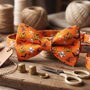 Orange Halloween Fliege, Kürbis Geist Hexenhut Print Krawatte