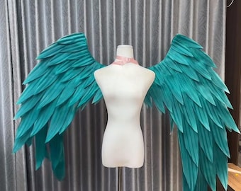 Electric Emerald Green Angel Wings, Moving Cosplay Wings, Fantasy Bird Costume Wings, Wearable Elf Performance Prop