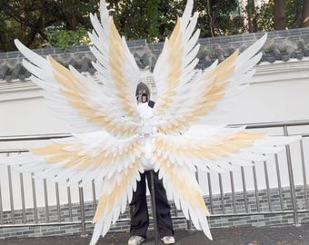Electric 8 Wing Angel Fairy Wings, White Gold Cosplay Wings, Seraph Celestial Costume Prop for Halloween, Stage, Photoshoot