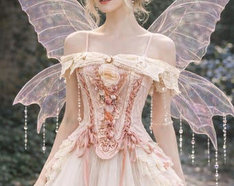 Pink Fairy Dress with Wings, Pastel Fairy Costume, Princess Corset Dress, Romantic Fantasy Outfit, Birthday Photoshoot Dress