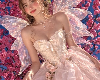 Flower Fairy Dress with Wings, Pink Fairy Costume, Floral Corset Fairy Dress, Blossom Fantasy Outfit, Ethereal Photoshoot Costume