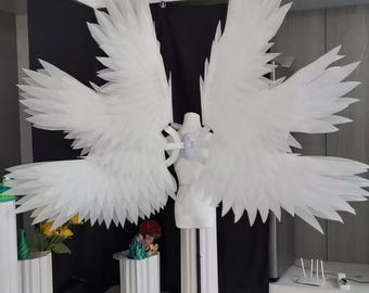 Ali d'angelo elettriche fatte a mano, costume da serafino a sei ali, ali mobili bianche e nere per cosplay, servizi fotografici, Halloween, accessori per spettacoli teatrali