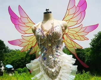 Skrzydła Wróżki Cosplay Różowo-Pomarańczowe Skrzydła Motyla Duży Kostium Wróżki Festiwalowej Gradientowe Skrzydła Owada Eteryczny Strój Fairycore Rekwizyt do Zdjęcia