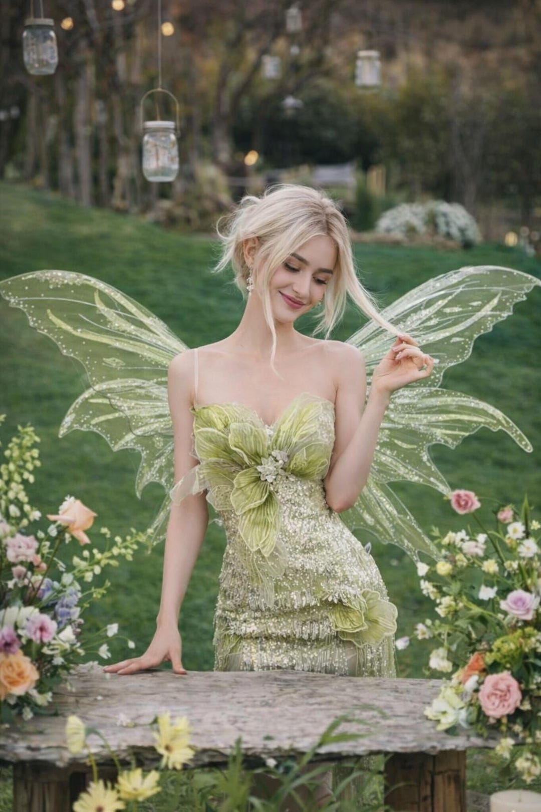 green sparkly fairy dress With Wings, Woodland Fairy Costume, Sequin Fantasy Fairy Gown, Floral Fairy Dress, Ethereal Photoshoot Outfit YCRF_shoedefault