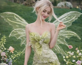 Green Fairy Dress with Wings, Woodland Fairy Costume, Sequin Fantasy Fairy Gown, Floral Fairy Dress, Ethereal Photoshoot Outfit