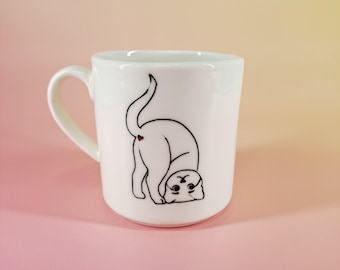Handmade Minimalist Cat Ceramic Mug, Cute Line Art Cat Coffee Cup, Cat Lover Tea Mug, Whimsical White Mug