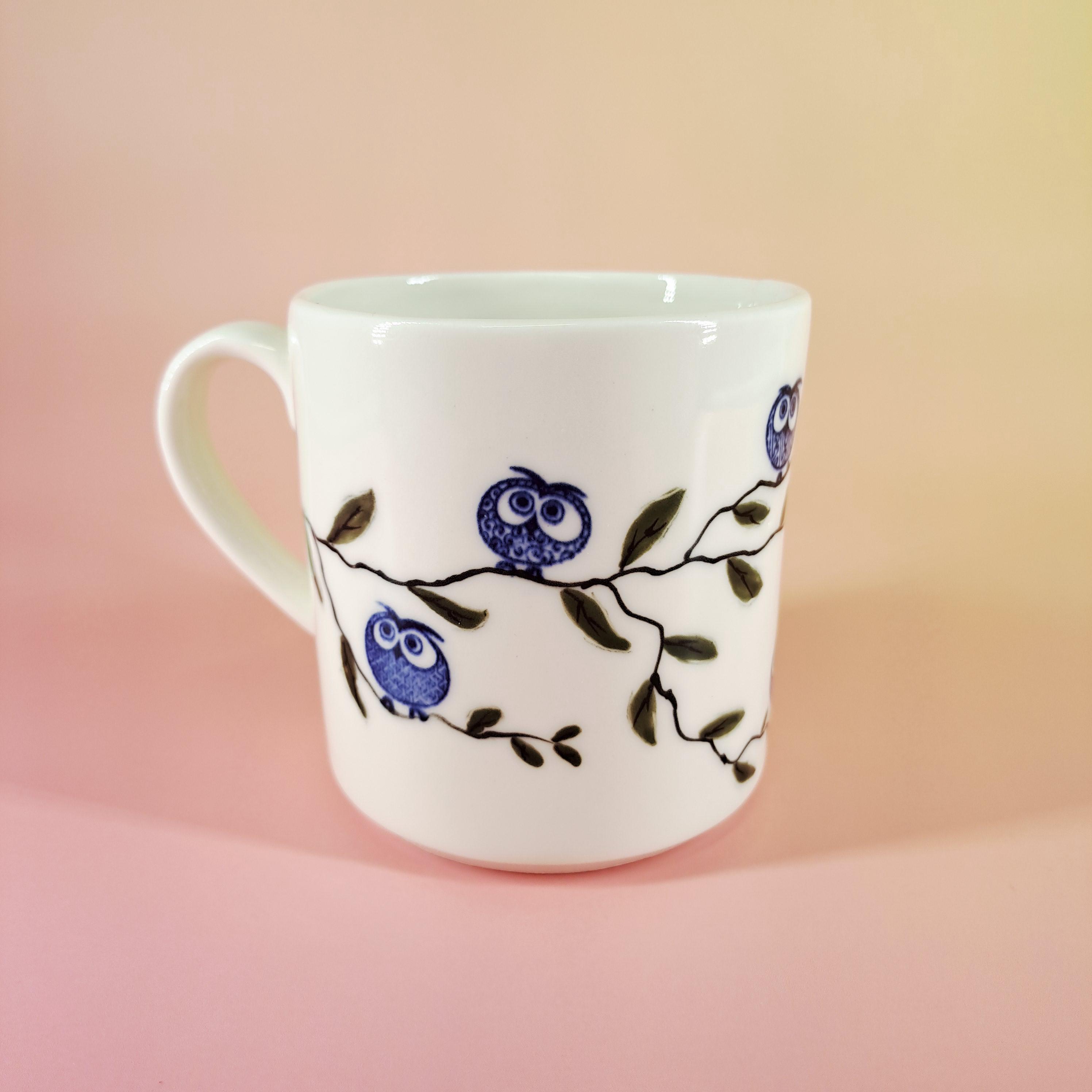Handmade Porcelain Owl Mug, Hand Painted Ceramic Coffee Cup, Nature Inspired Owl Mug, Artisan Potter