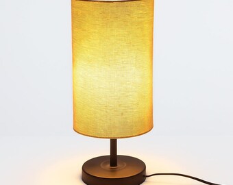 Modern Mini Cylindrical Table Lamp | Fabric Shade Nightstand Light | Wooden Base Bedside Lamp
