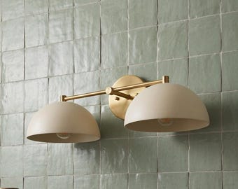 Modern 2-Light Vanity Sconce, Matte Beige Dome Wall Light, Brushed Brass Bathroom Sconce, Double Light Wall Fixture, Mid Century Lighting