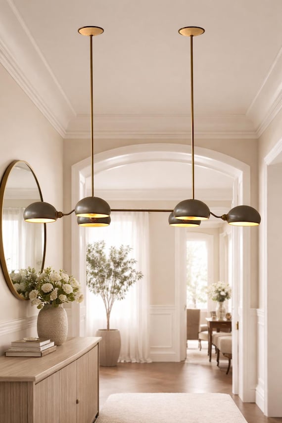 Italian Mid Century Modern Brass Linear Chandelier, 4 Arm Kitchen Island Light, Modern Dining Room Ceiling Light, Luxury Brass Fixture
