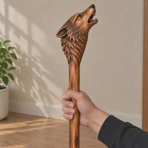 Handskuren käpp med varghuvud, rustik träkäpp 86 cm, vargkäpp för män, handgjord träkäpp, skogsgåva