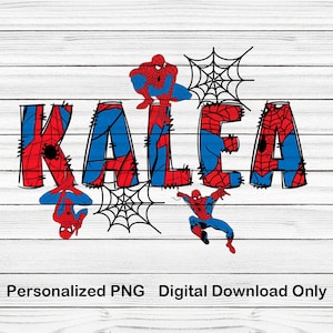 Pode incluir: Um design digital com o nome "KALEA" em vermelho e azul, com imagens do Homem-Aranha e teias de aranha, sobre um fundo branco com efeito de madeira. O texto na parte inferior diz "Personalized PNG Digital Download Only."