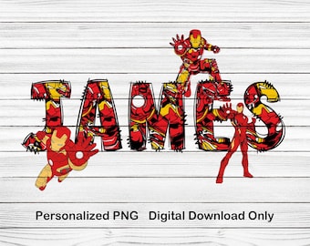 アイアンマンカスタムネームPNGファイル、カスタムアイアンマンネームヒーローデジタルダウンロード、カスタムヒーローPNGファイル、ヒーローパーソナライズネーム