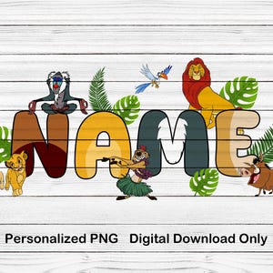 May include: A personalized digital PNG design featuring the word "NAME" in a colorful, cartoon style. The letters are adorned with characters from a popular animated film, surrounded by tropical leaves, on a white wood-grain background.