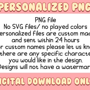 Może przedstawiać: Grafika do pobrania cyfrowego z tekstem "PERSONALIZED PNG" w zabawnej czcionce. Obraz zawiera szczeg&oacute;ły dotyczące pliku PNG, niestandardowych projekt&oacute;w i dostępności pobierania cyfrowego.
